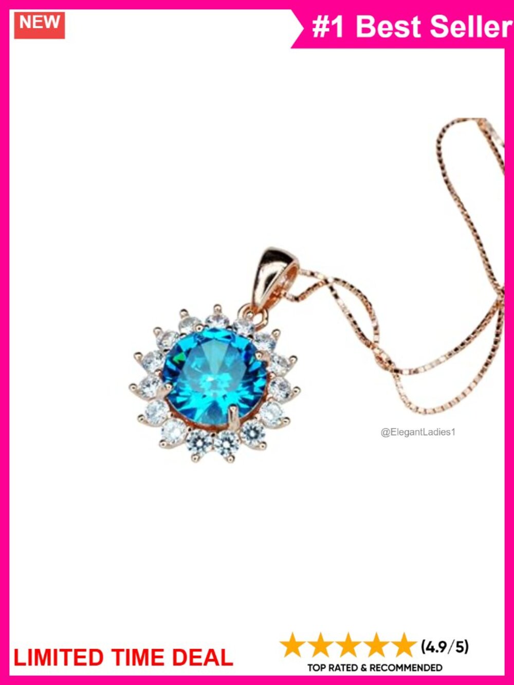 Rose Gold Plated Sterling Silver Blue Topaz Pendant Necklace Halo Sunflower